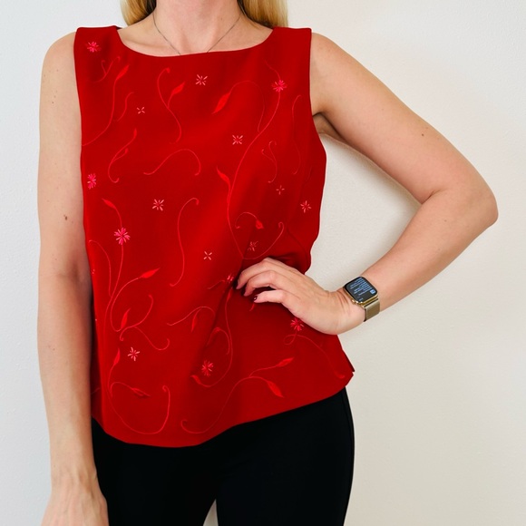 Vintage Travis Ayers Holiday Red Sleeveless Floral Embroidered Blouse Top - Picture 3 of 12